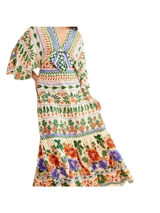 FARM Rio X Anthropologie V-Neck Kaftan Maxi Dress With CutOut Fruit Floral Print - Picture 4 of 12